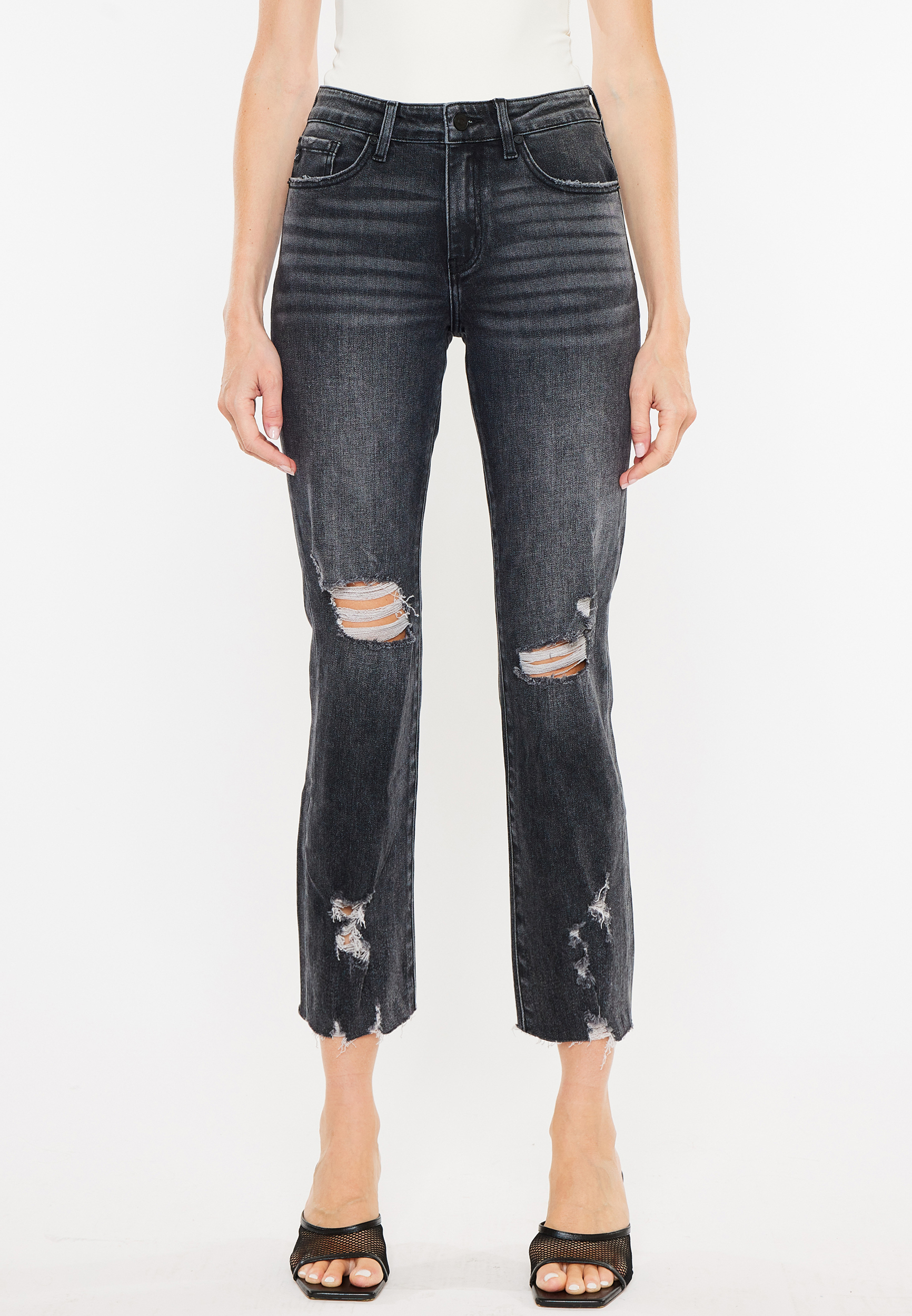 KanCan&trade; Charcoal Ankle Straight Mid Rise Ripped Jean, C106, large