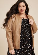 Plus Size Faux Leather Jacket, BROWN, small
