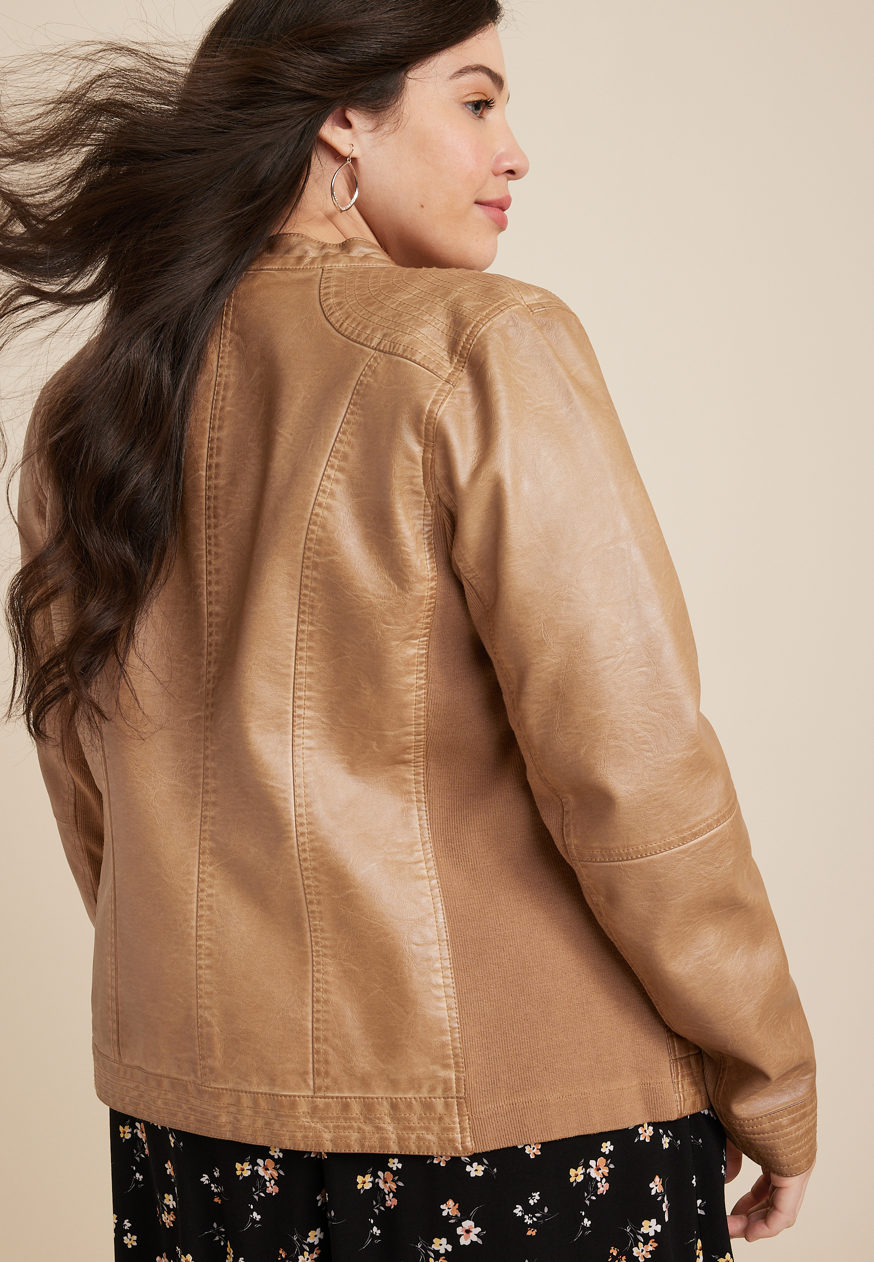 Plus Size Faux Leather Jacket, BROWN, large