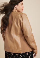 Plus Size Faux Leather Jacket, BROWN, small