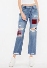 KanCan&trade; Nonstretch High Rise Plaid Patch Ripped Boyfriend Jean, C258, small