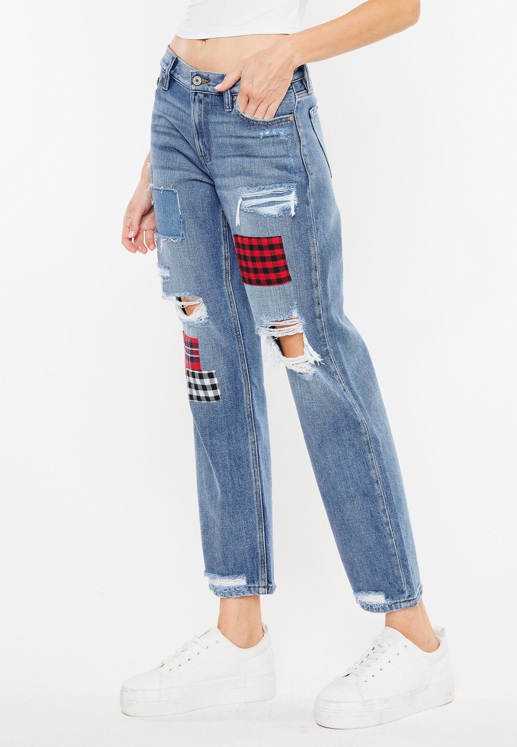 KanCan&trade; Nonstretch High Rise Plaid Patch Ripped Boyfriend Jean, C258, large