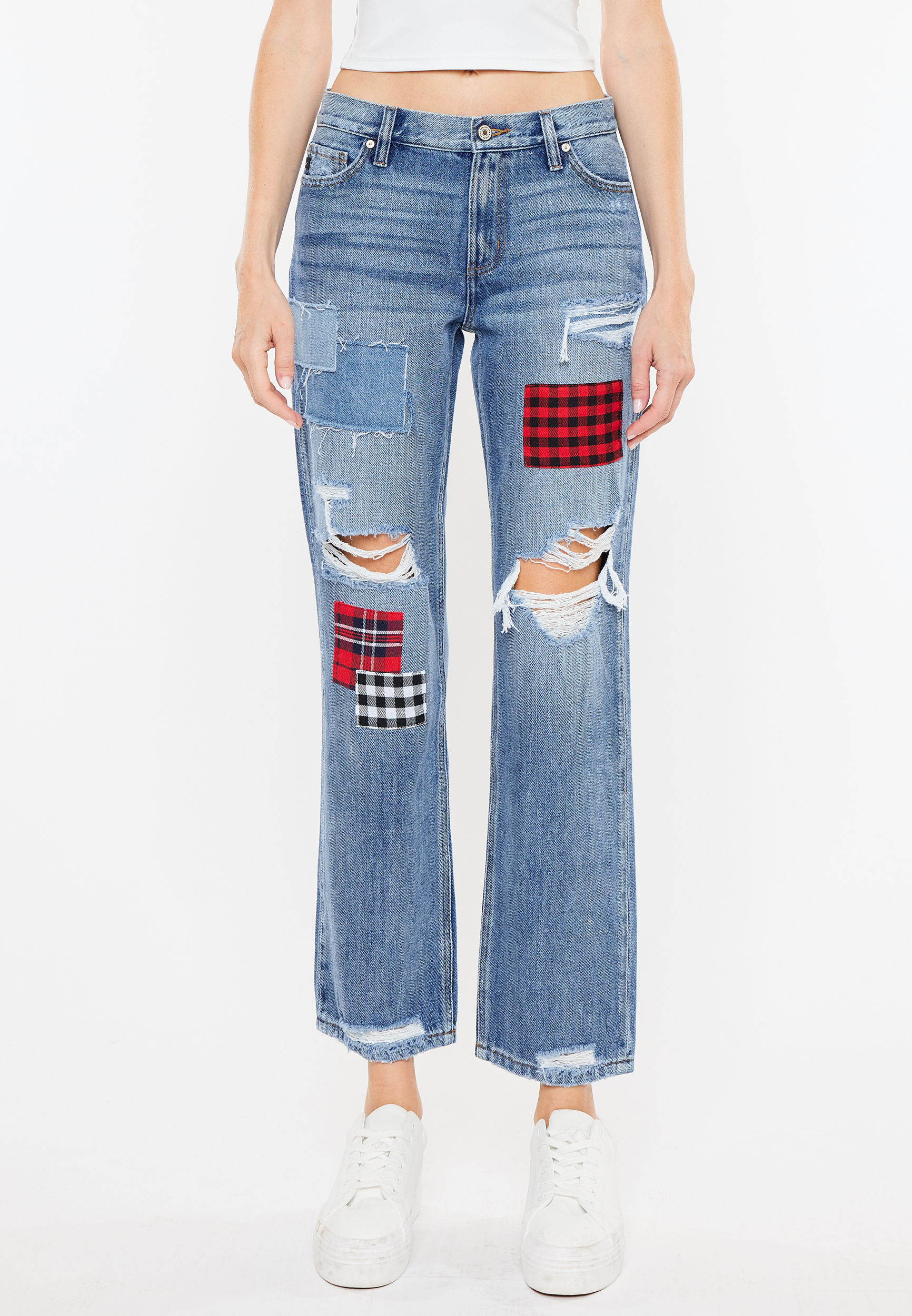 KanCan&trade; Nonstretch High Rise Plaid Patch Ripped Boyfriend Jean, C258, large