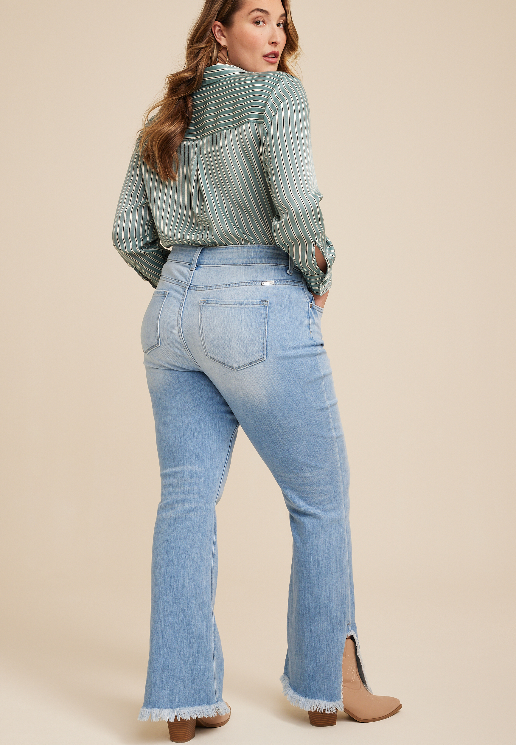 Plus Size KanCan&trade; Flare Curvy High Rise Slit Frayed Hem Jean, LIGHT SANDBLAST, large