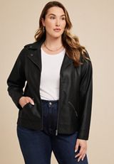 Plus Size Perfect Faux Leather Moto Jacket, C106, small