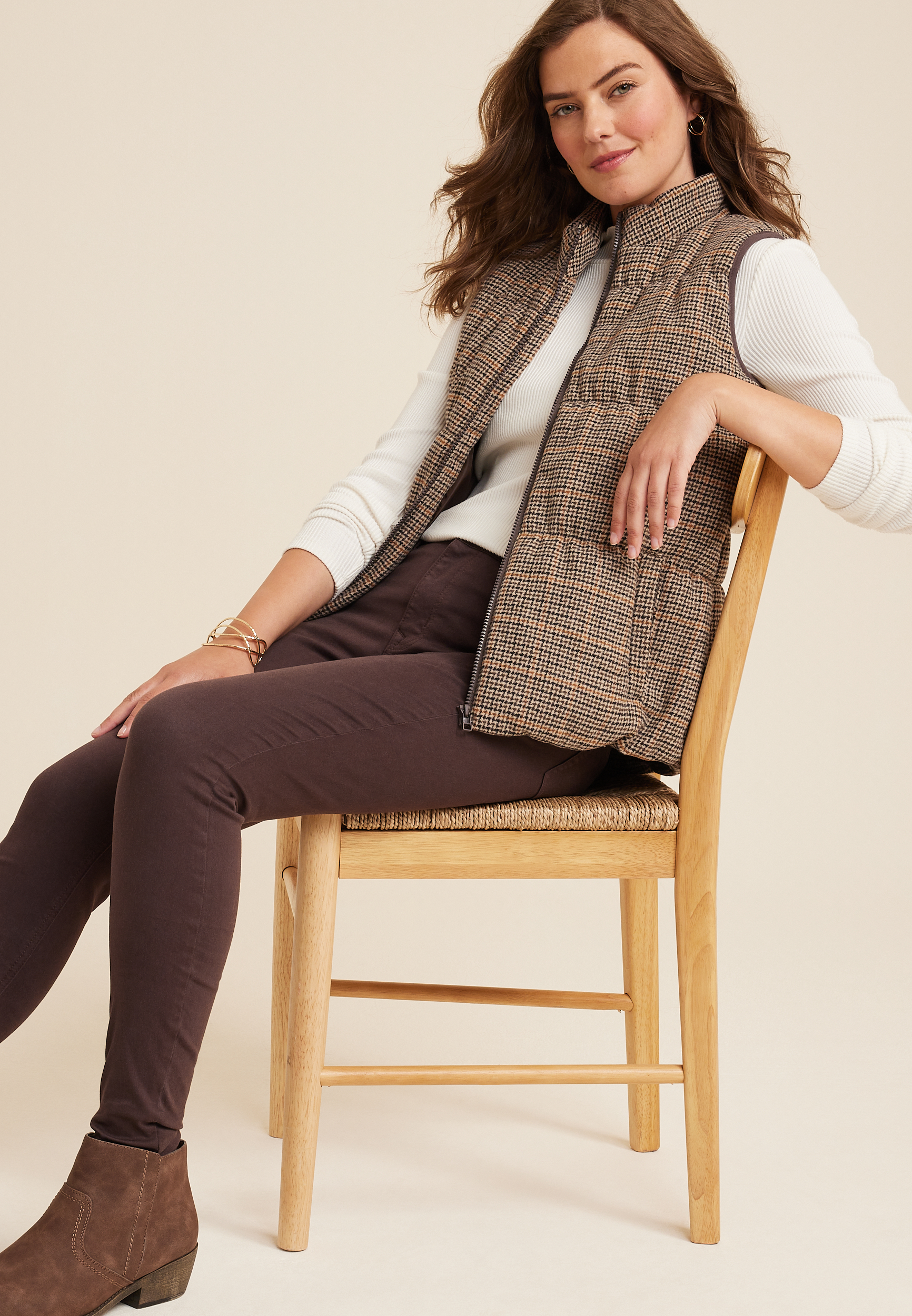 Plaid Puffer Vest, BROWN COMBO, large