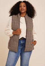 Plus Size Plaid Puffer Vest, BROWN COMBO, small
