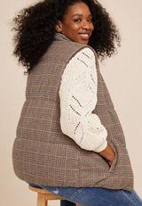 Plus Size Plaid Puffer Vest, BROWN COMBO, small