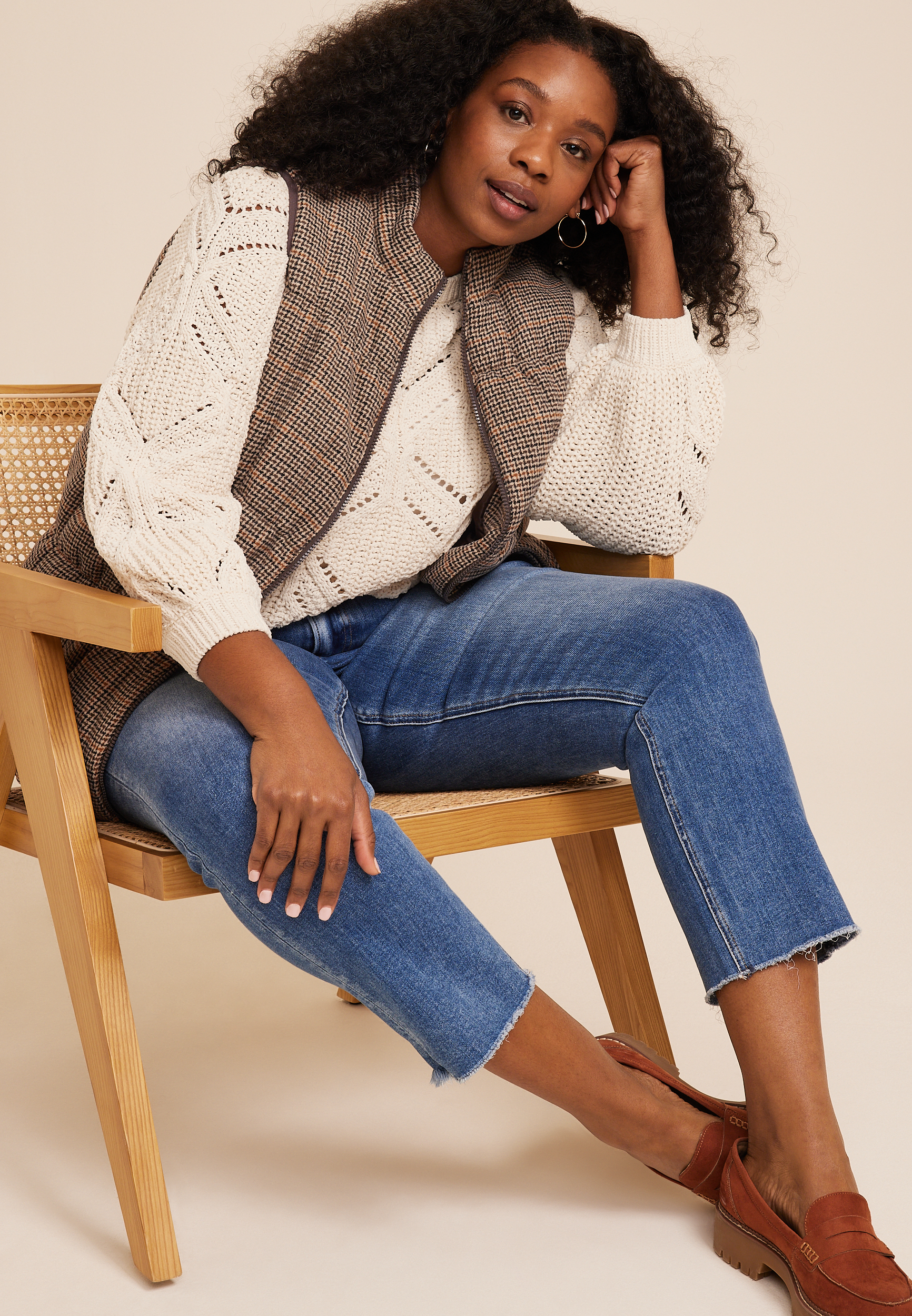 Plus Size Plaid Puffer Vest, BROWN COMBO, large