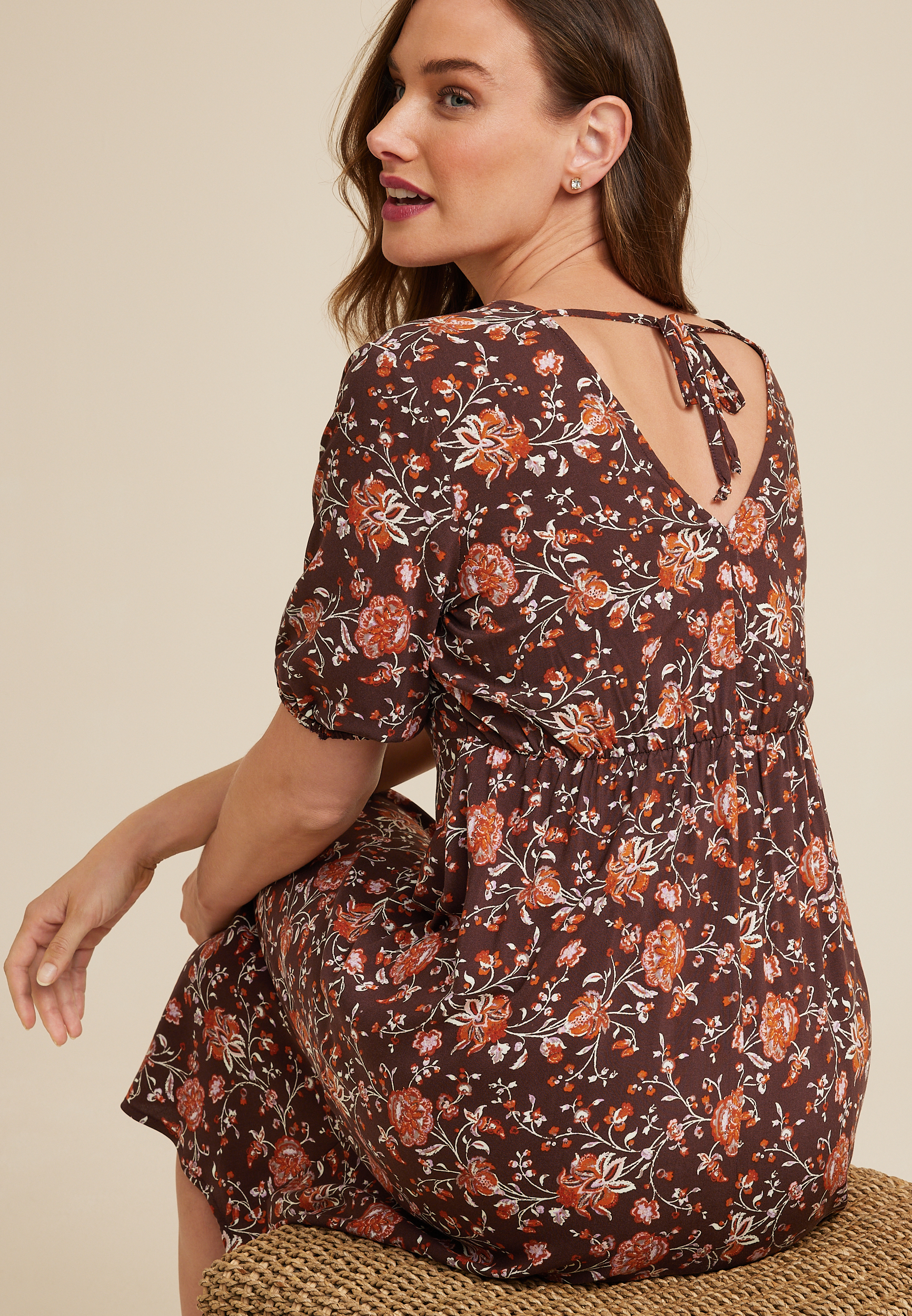 Floral Hanky Hem Midi Dress, WALNUT BROWN COMBO, large