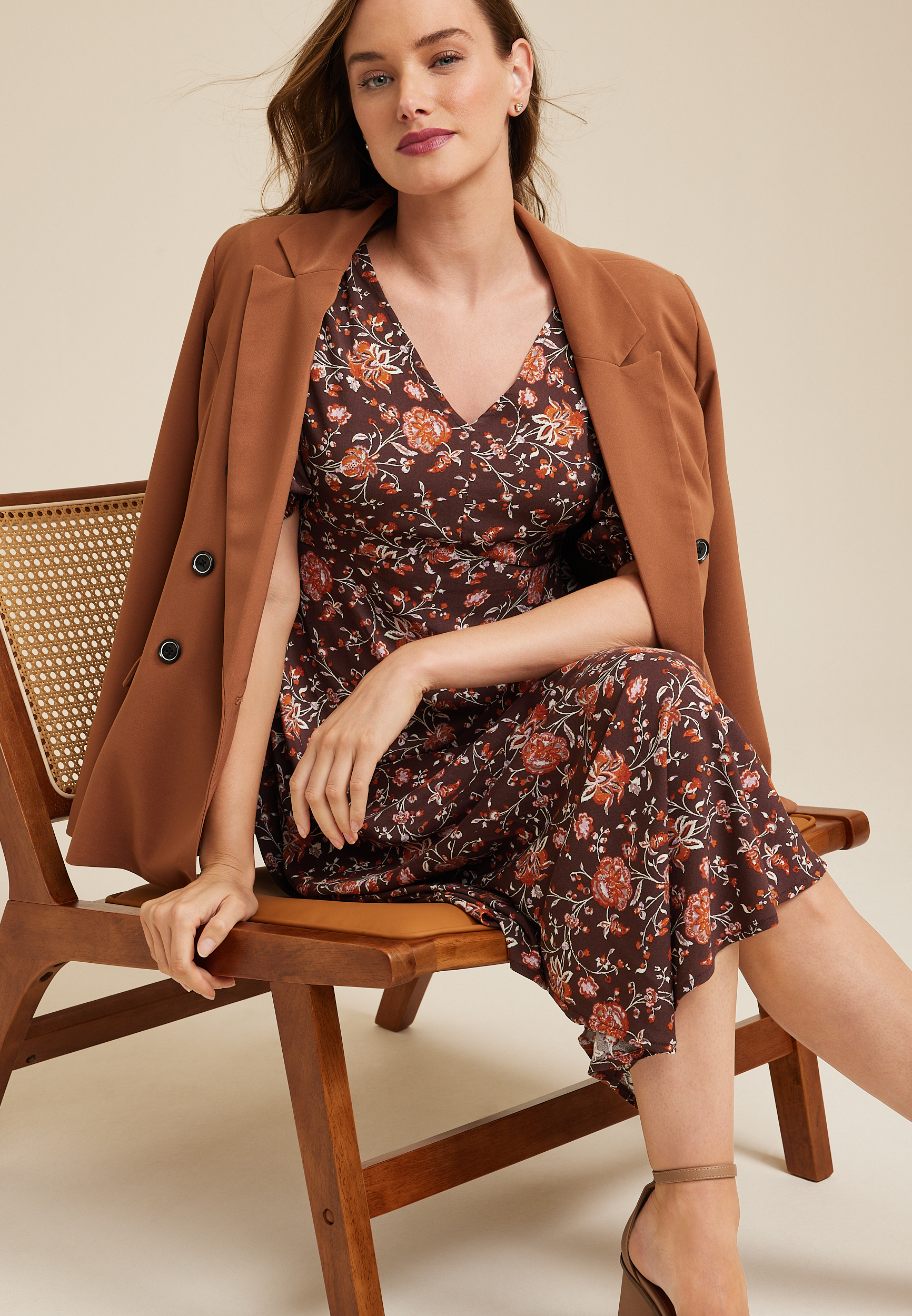 Floral Hanky Hem Midi Dress, WALNUT BROWN COMBO, large