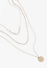 White Beaded and Gold Pendant Layered Necklace, , small