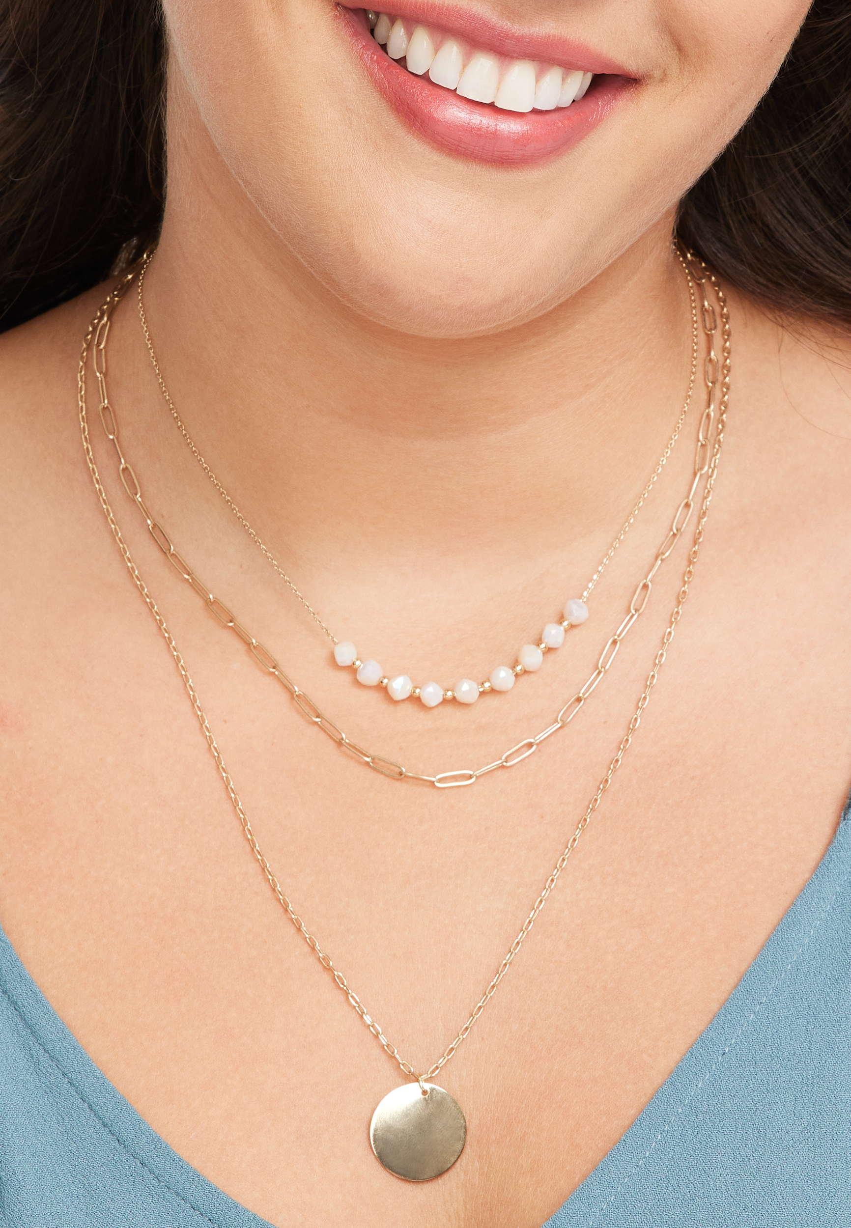 White Beaded and Gold Pendant Layered Necklace, , large