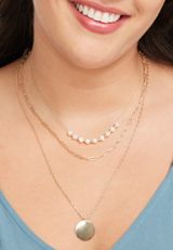 White Beaded and Gold Pendant Layered Necklace, , small