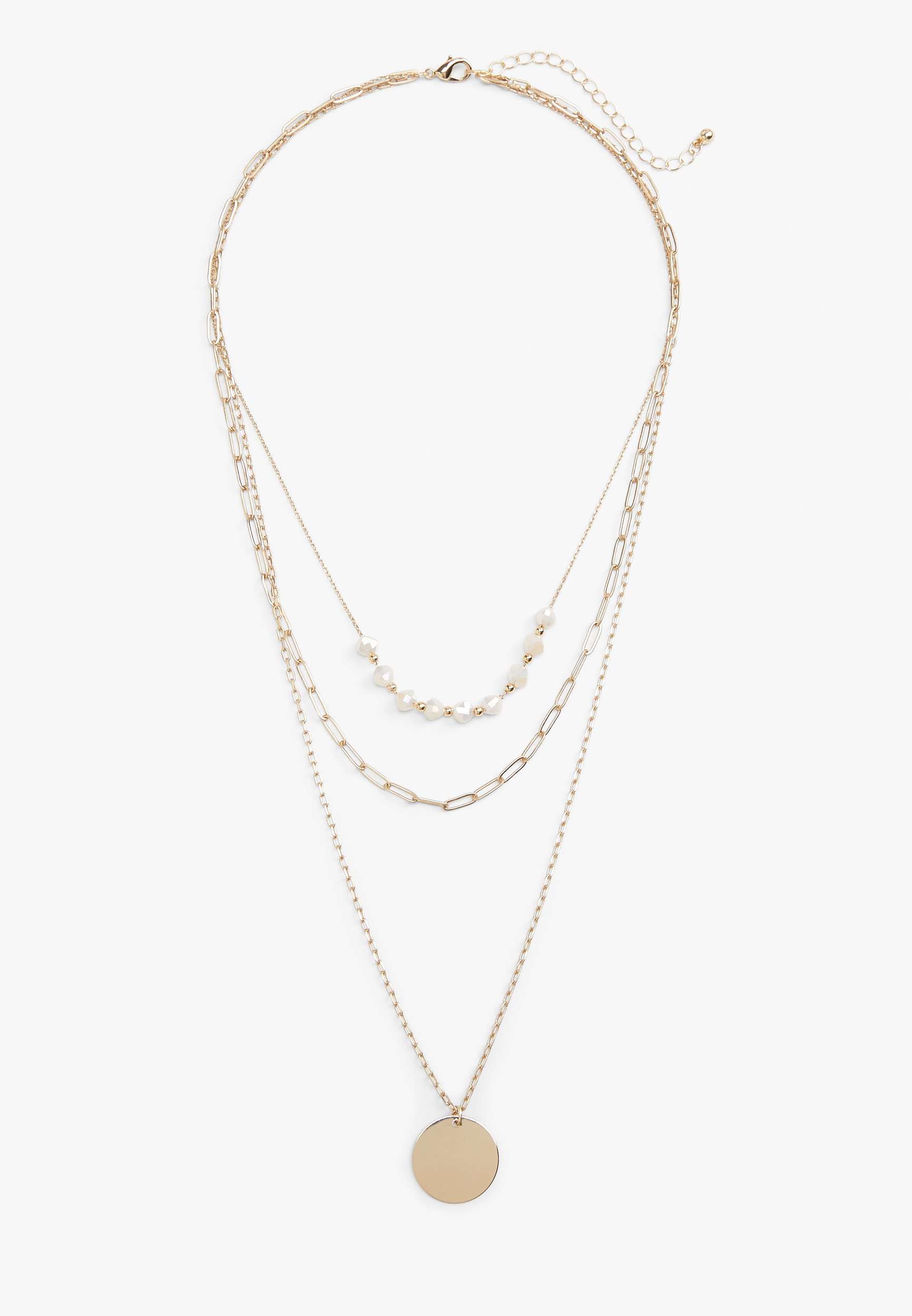White Beaded and Gold Pendant Layered Necklace, , large