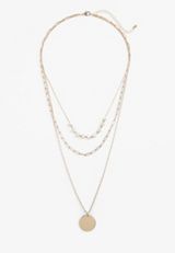 White Beaded and Gold Pendant Layered Necklace, , small