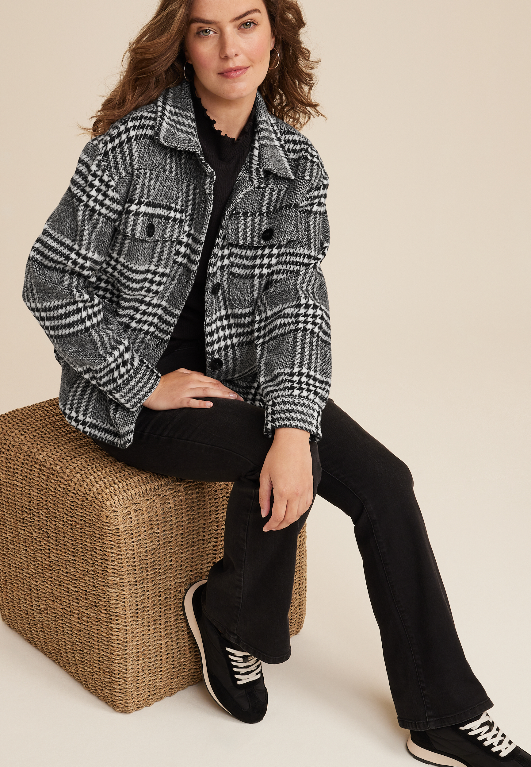 Shoreline Shortie Black Plaid Shacket​, C1756, large