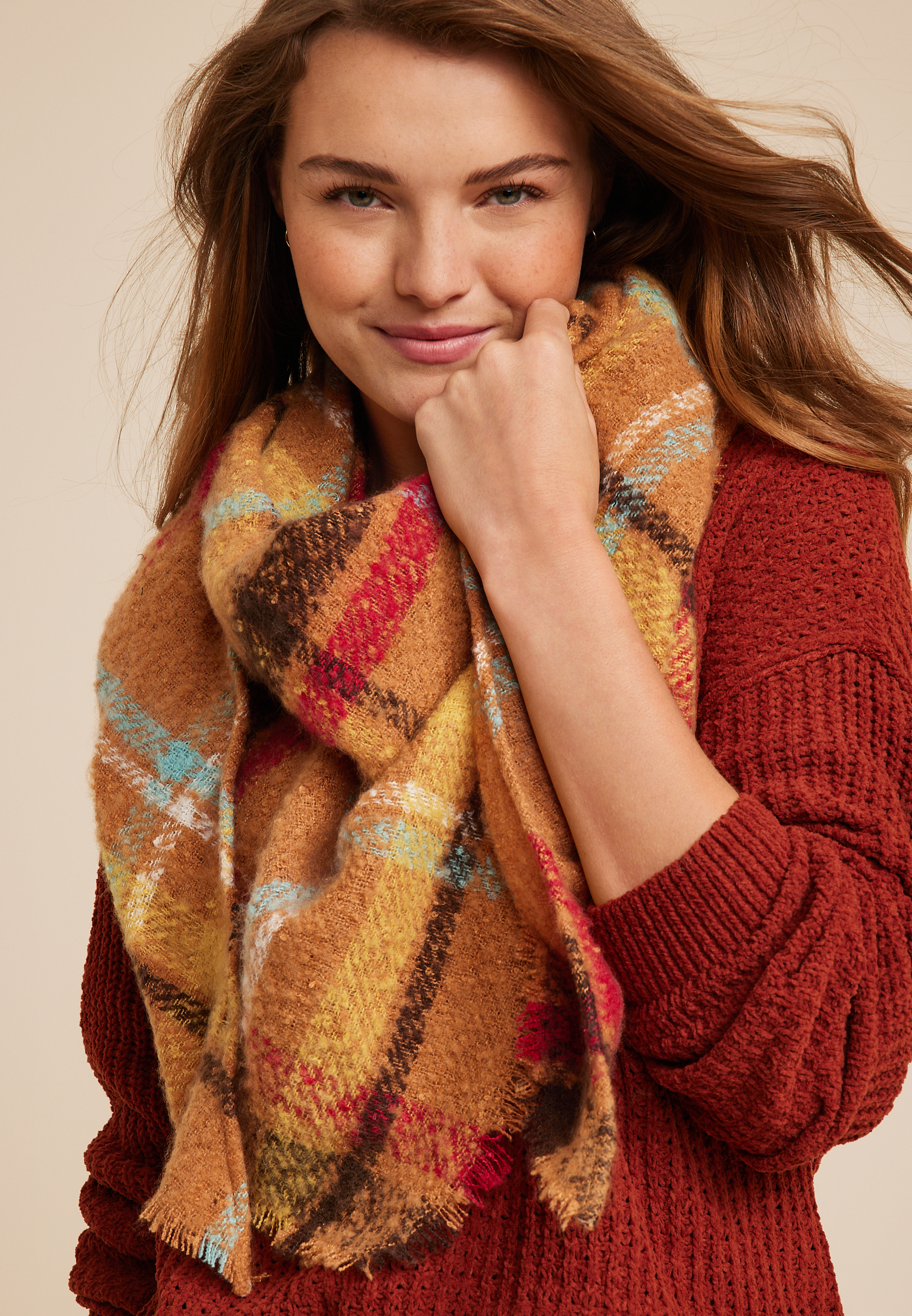 Orange Plaid Blanket Scarf, MULTI, large