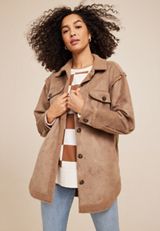 Teddy Lined Faux Suede Button Jacket, BROWN, small