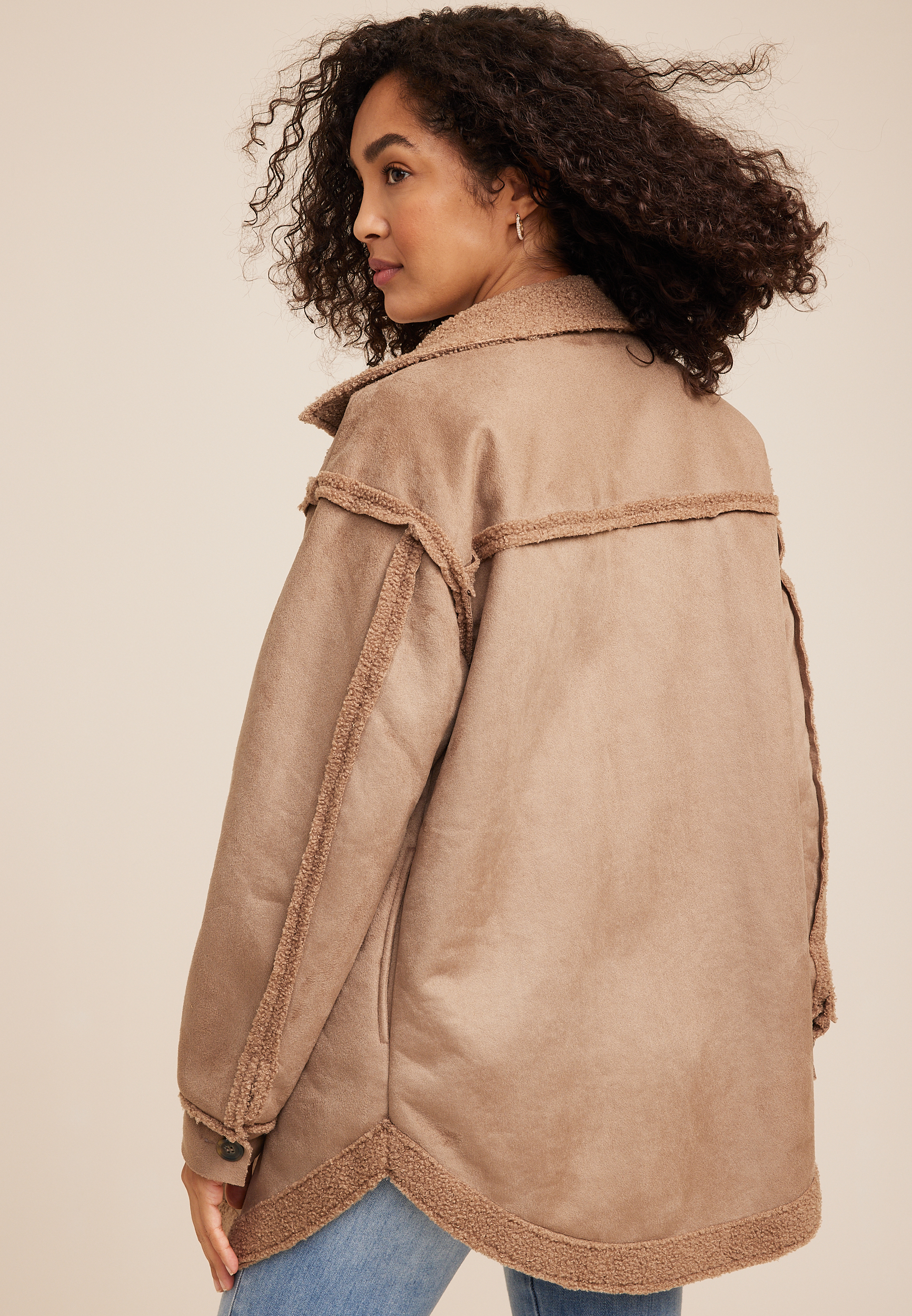 Teddy Lined Faux Suede Button Jacket, BROWN, large