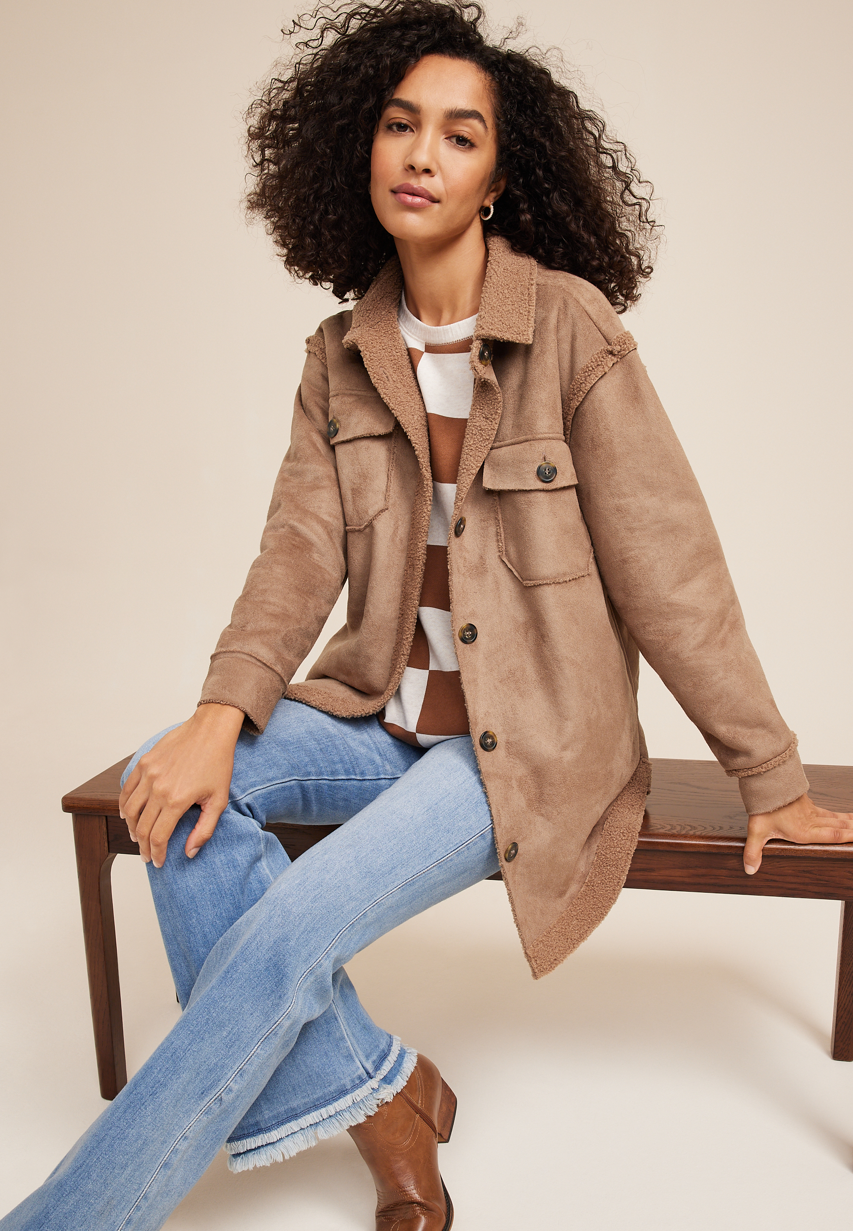 Teddy Lined Faux Suede Button Jacket, BROWN, large
