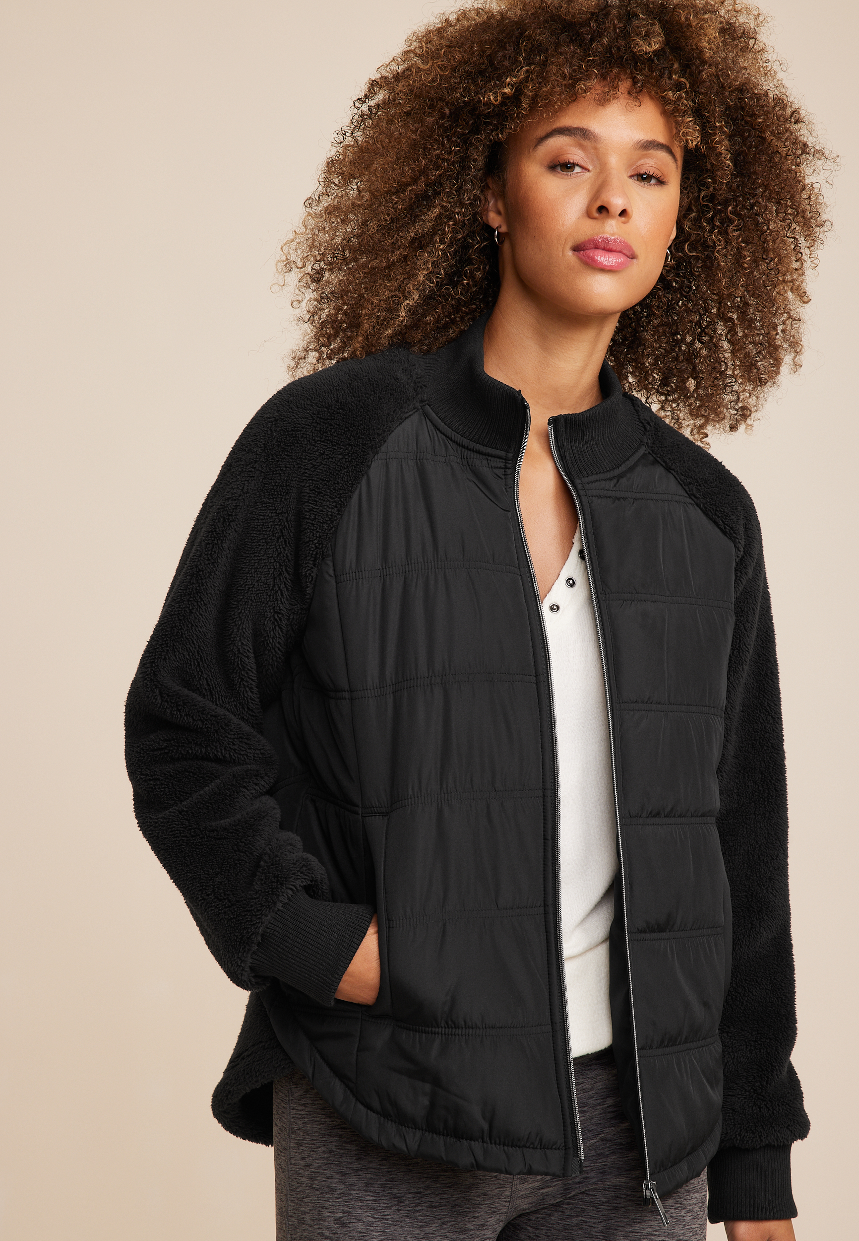 Sherpa Sleeve Mixed Media Puffer Jacket
