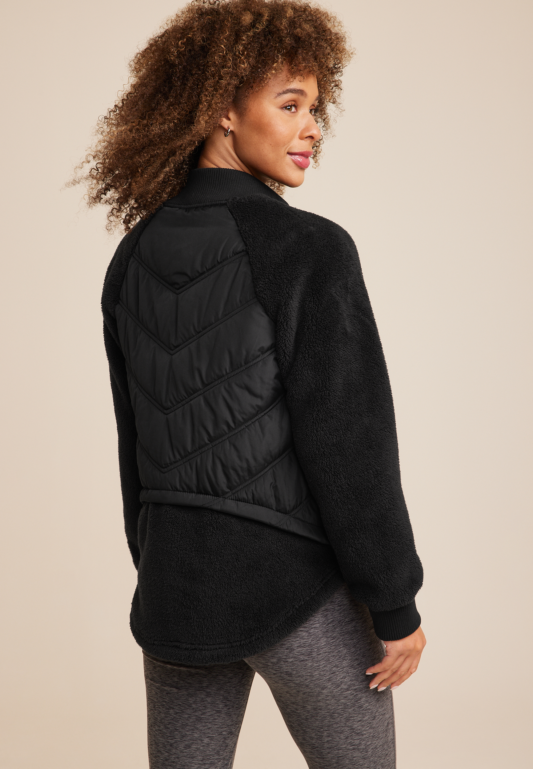 Sherpa Sleeve Mixed Media Puffer Jacket