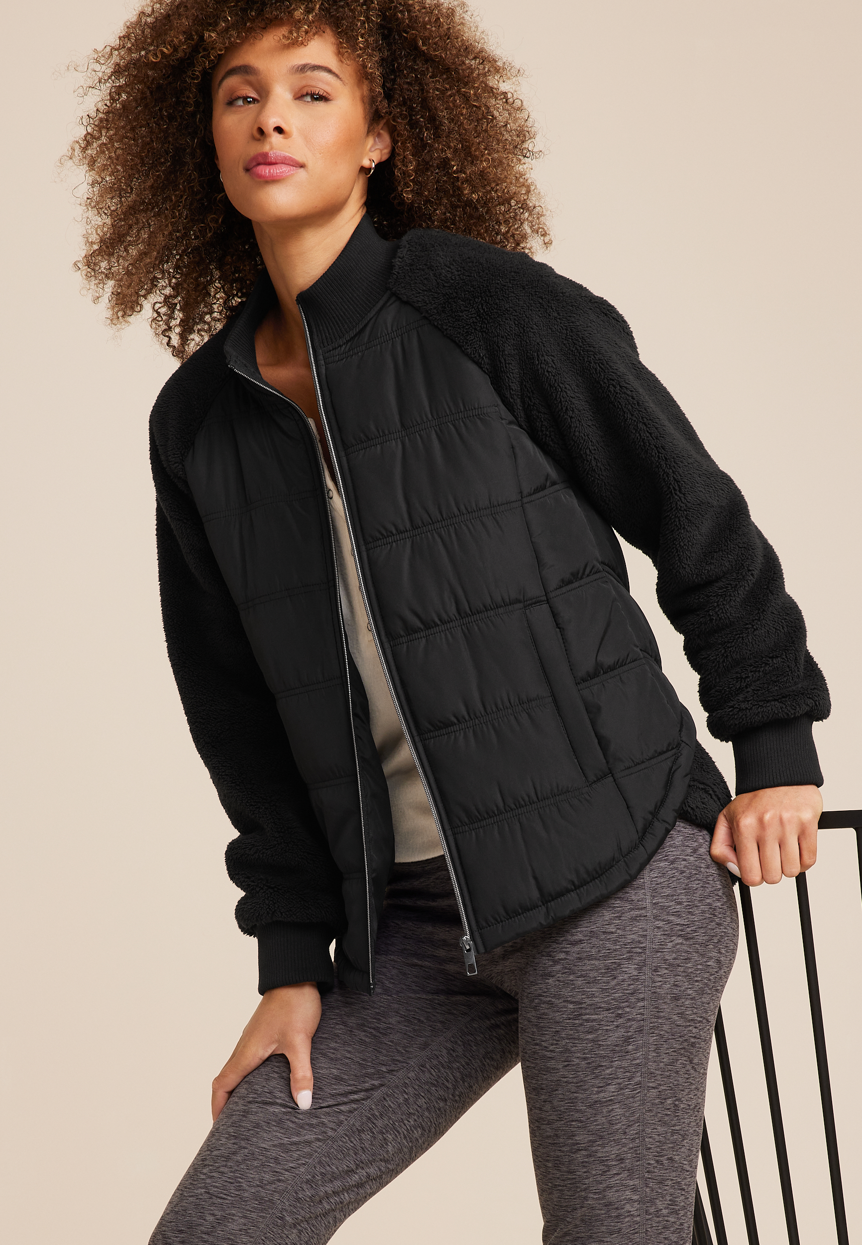 Sherpa Sleeve Mixed Media Puffer Jacket