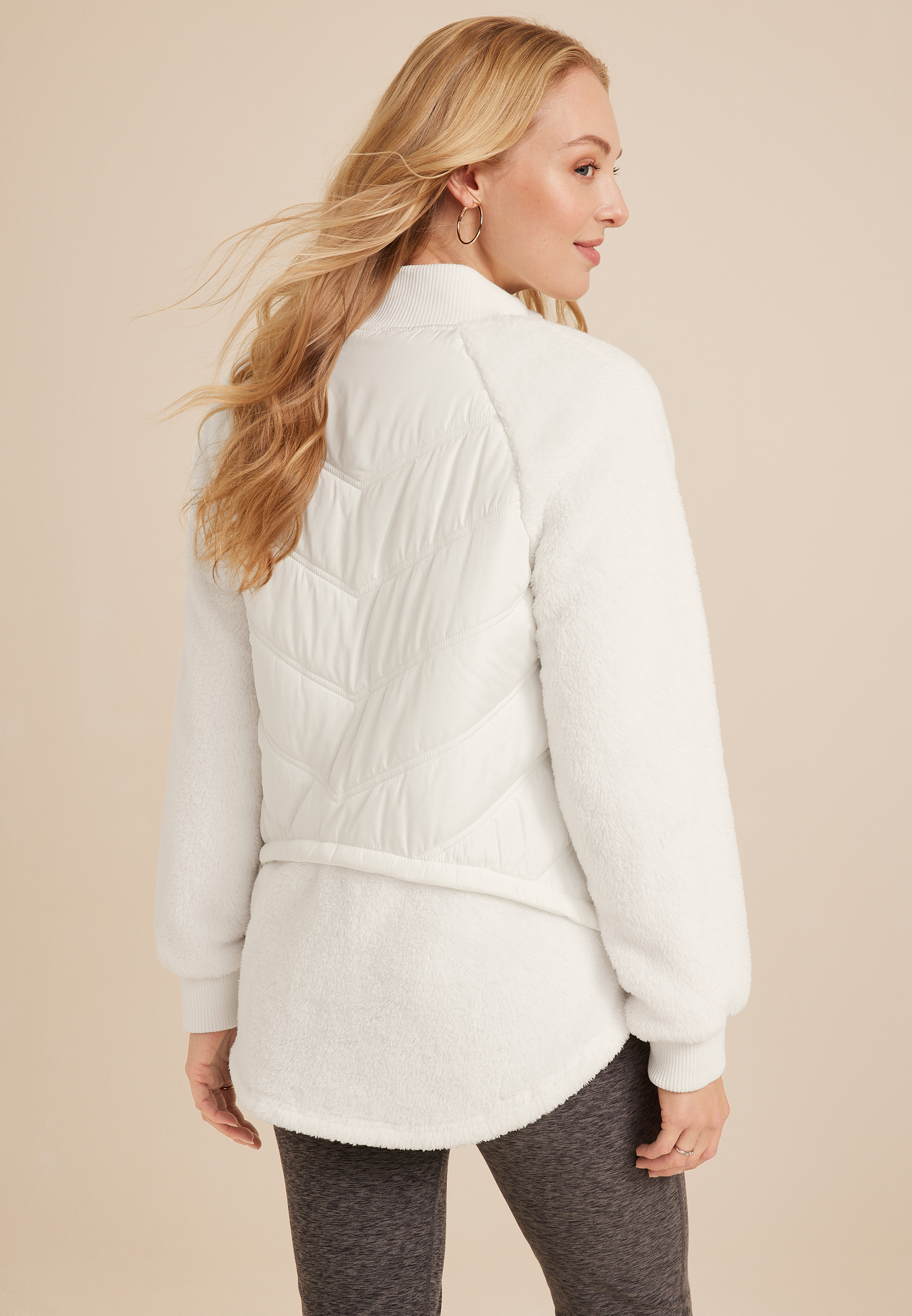 Sherpa Sleeve Mixed Media Puffer Jacket, C4673, large