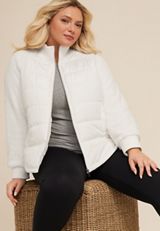 Plus Size Sherpa Sleeve Mixed Media Puffer Jacket, C4673, small