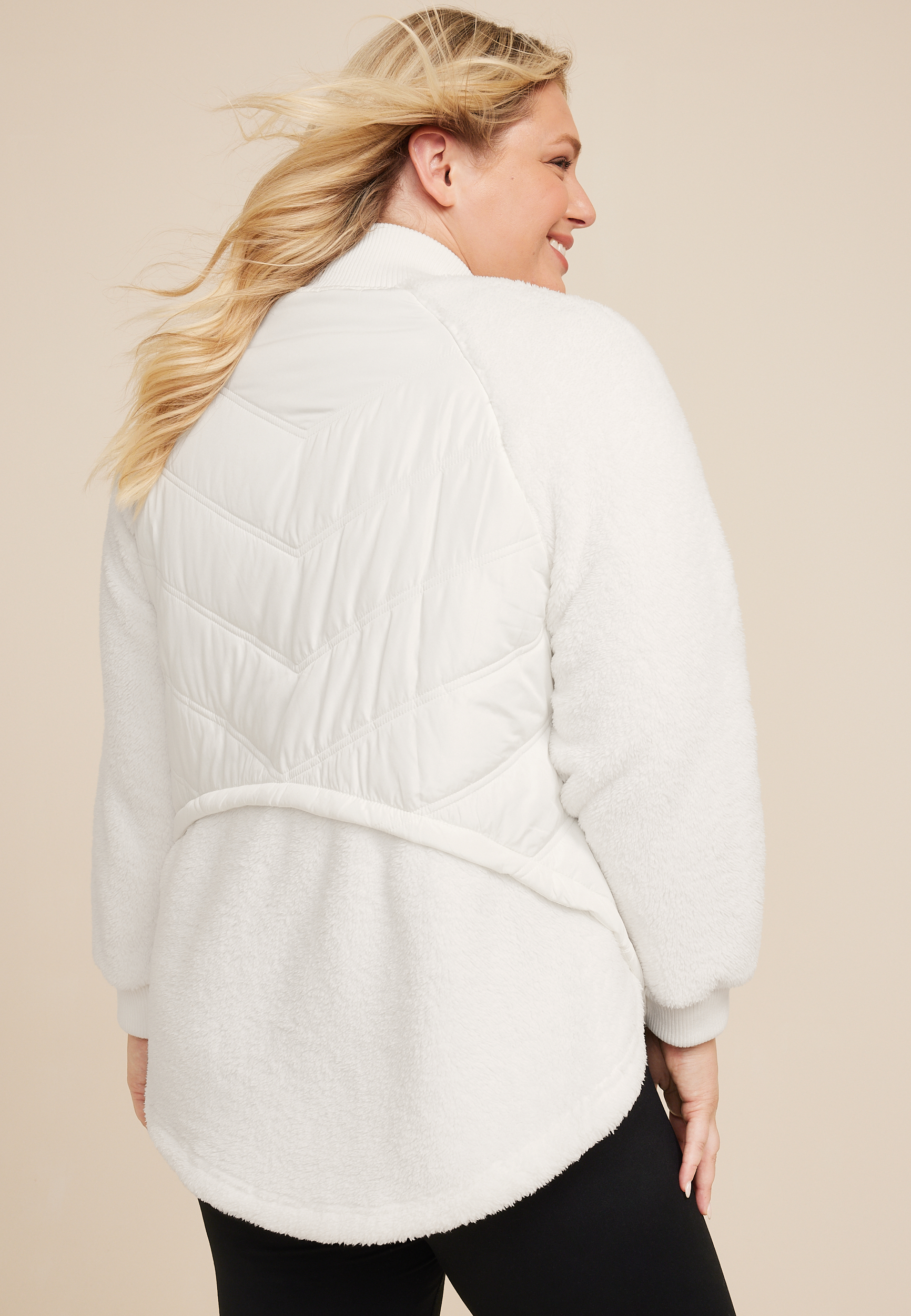 Plus Size Sherpa Sleeve Mixed Media Puffer Jacket, C4673, large