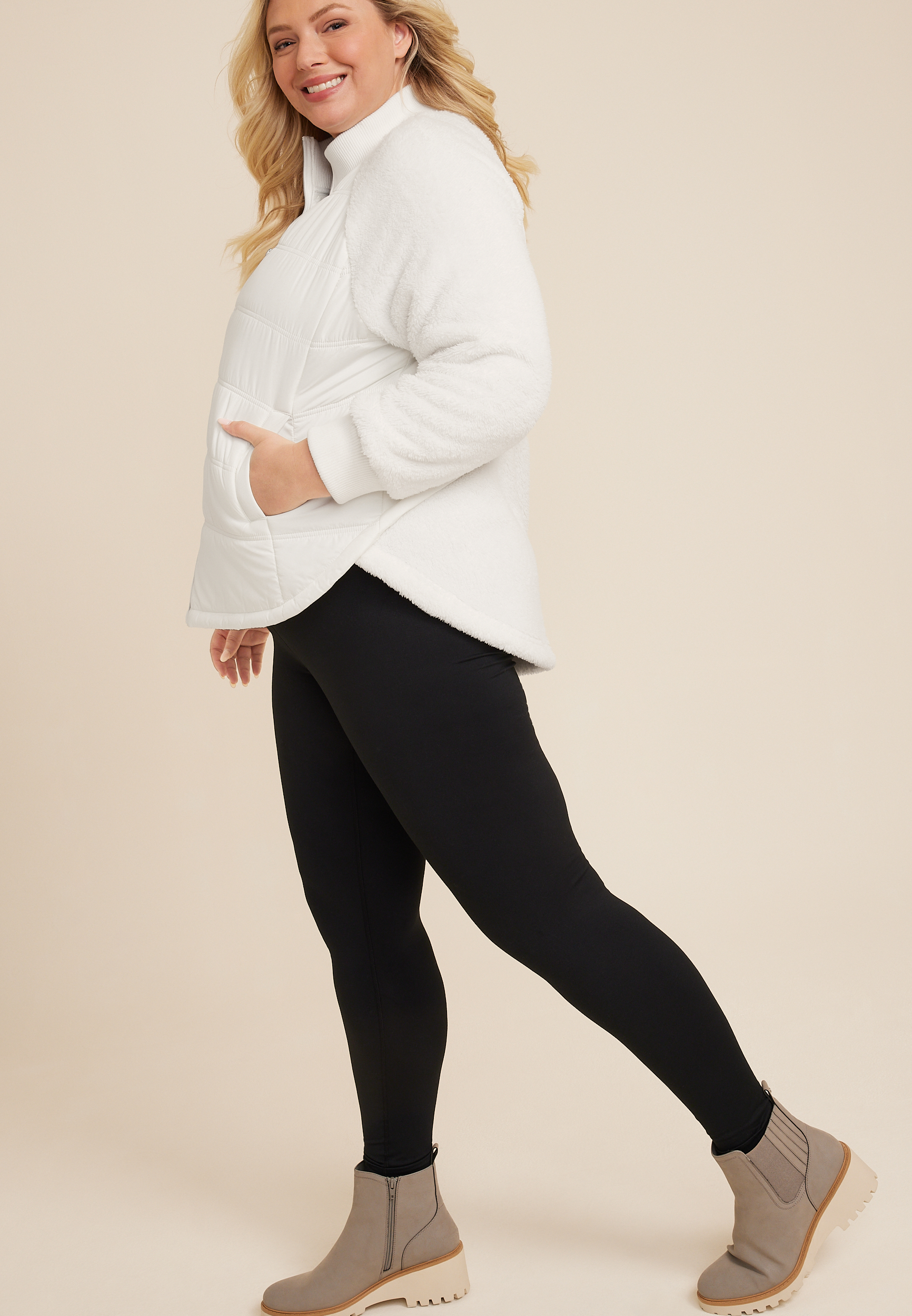 Plus Size Sherpa Sleeve Mixed Media Puffer Jacket, C4673, large