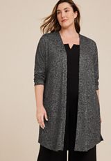 Plus Size Gray Marled Metallic Duster Cardigan, GRAY, small