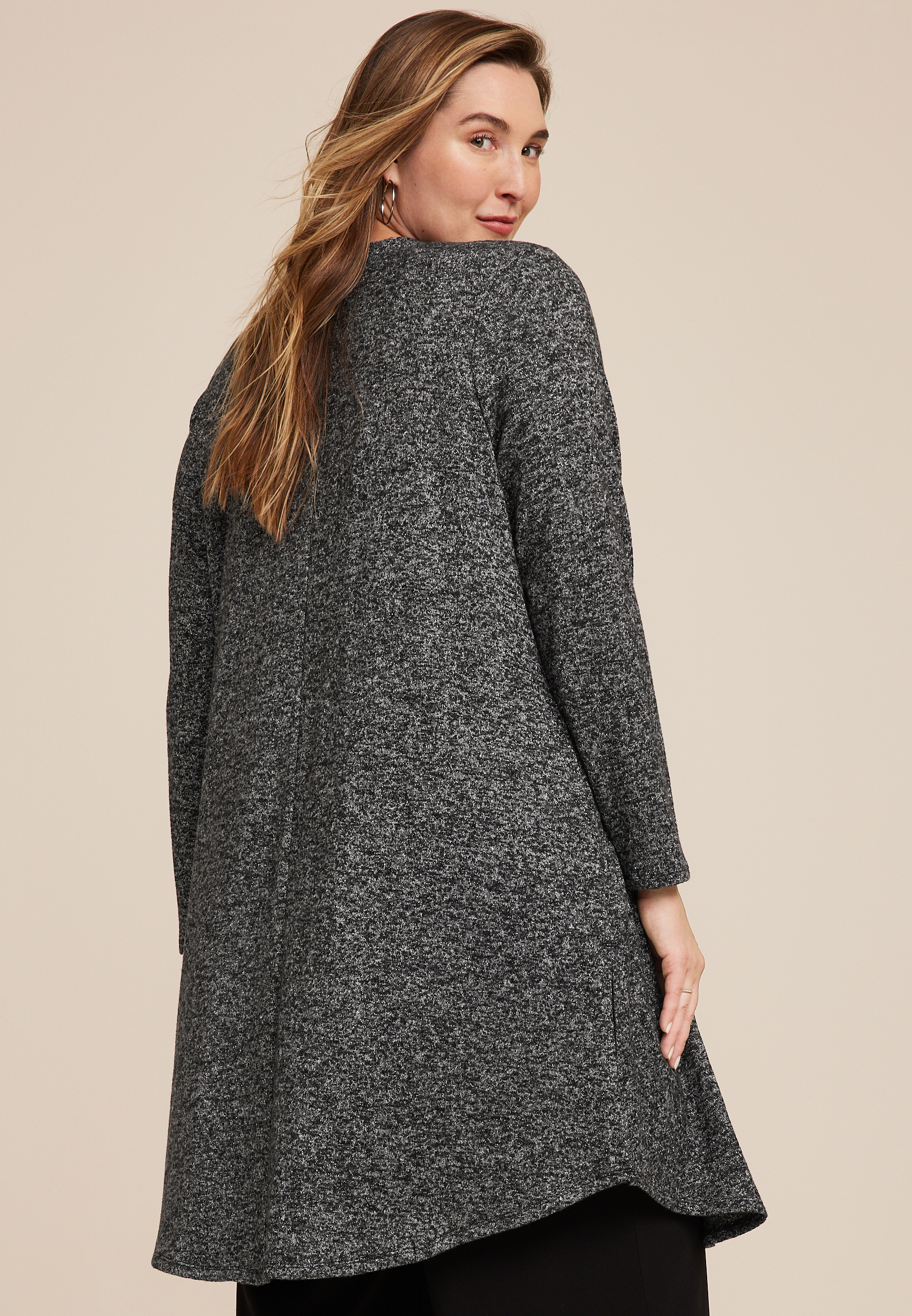 Plus Size Gray Marled Metallic Duster Cardigan, GRAY, large