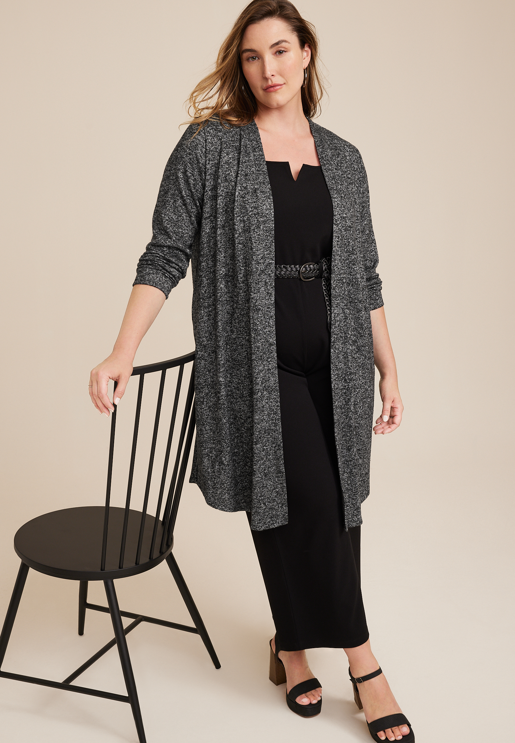 Plus Size Gray Marled Metallic Duster Cardigan, GRAY, large