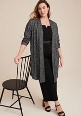 Plus Size Gray Marled Metallic Duster Cardigan, GRAY, small