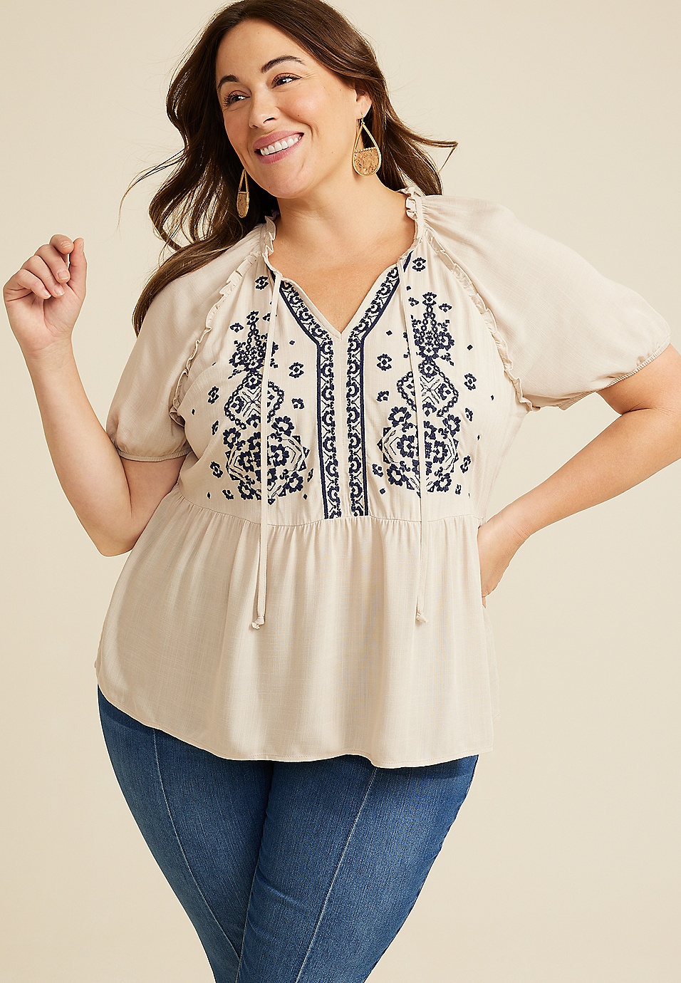 Plus Size Embroidered Peplum Top