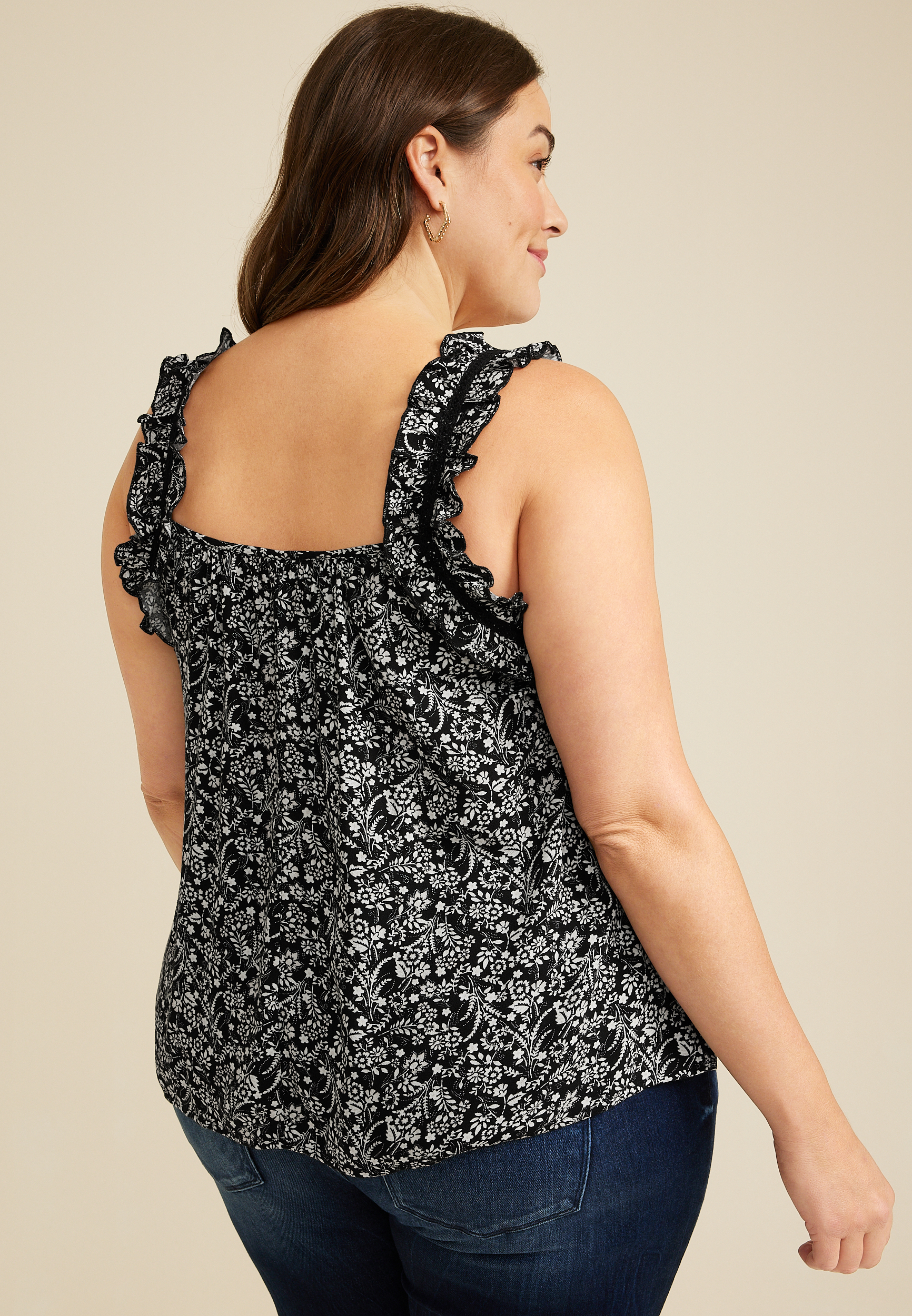 Plus Size Floral Ruffle Strap Tank Top, , large