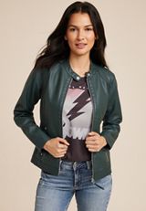 Forest Green Faux Leather Jacket, C9041, small