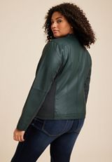 Plus Size Forest Green Faux Leather Jacket, C9041, small