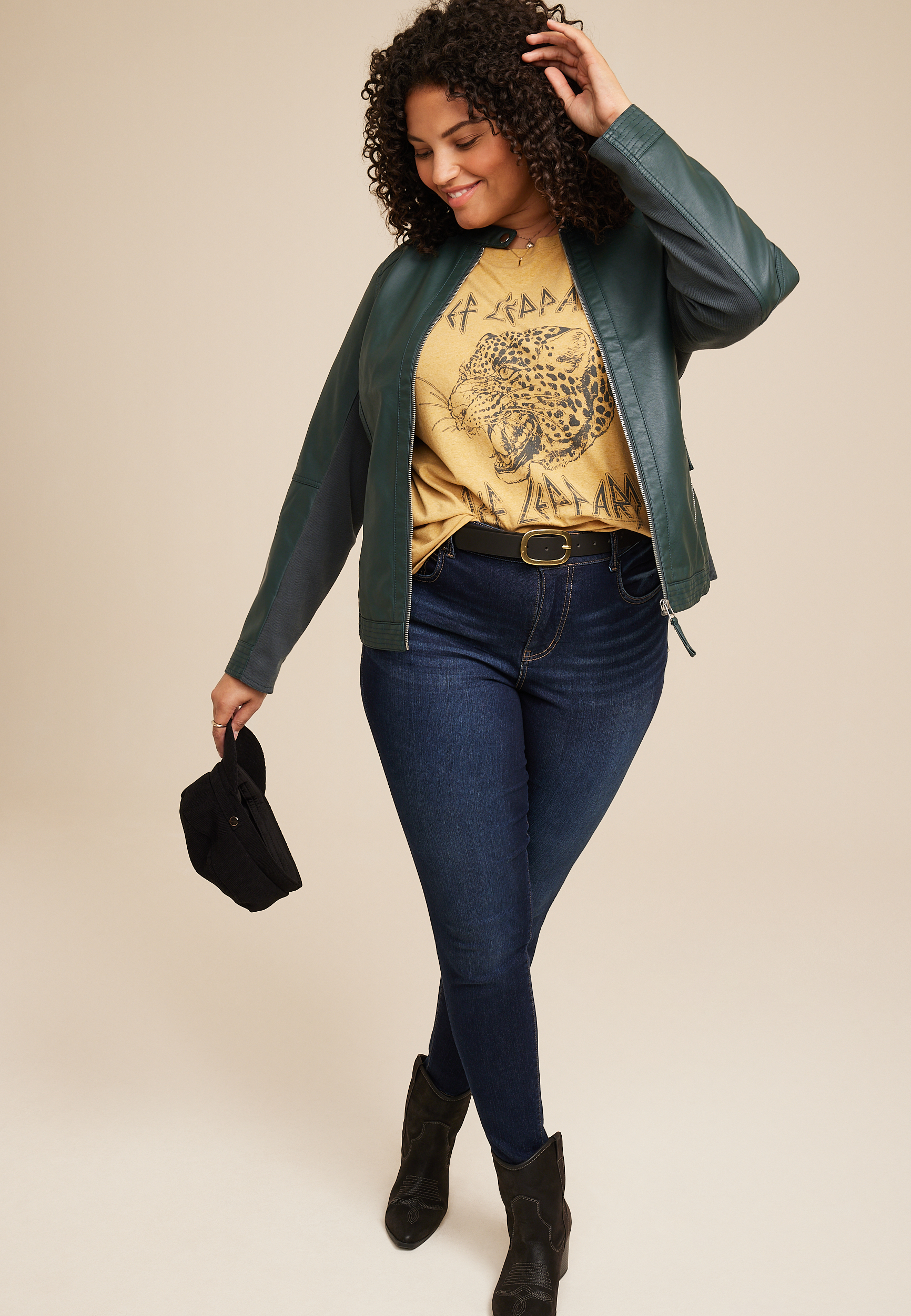 Plus Size Forest Green Faux Leather Jacket, C9041, large