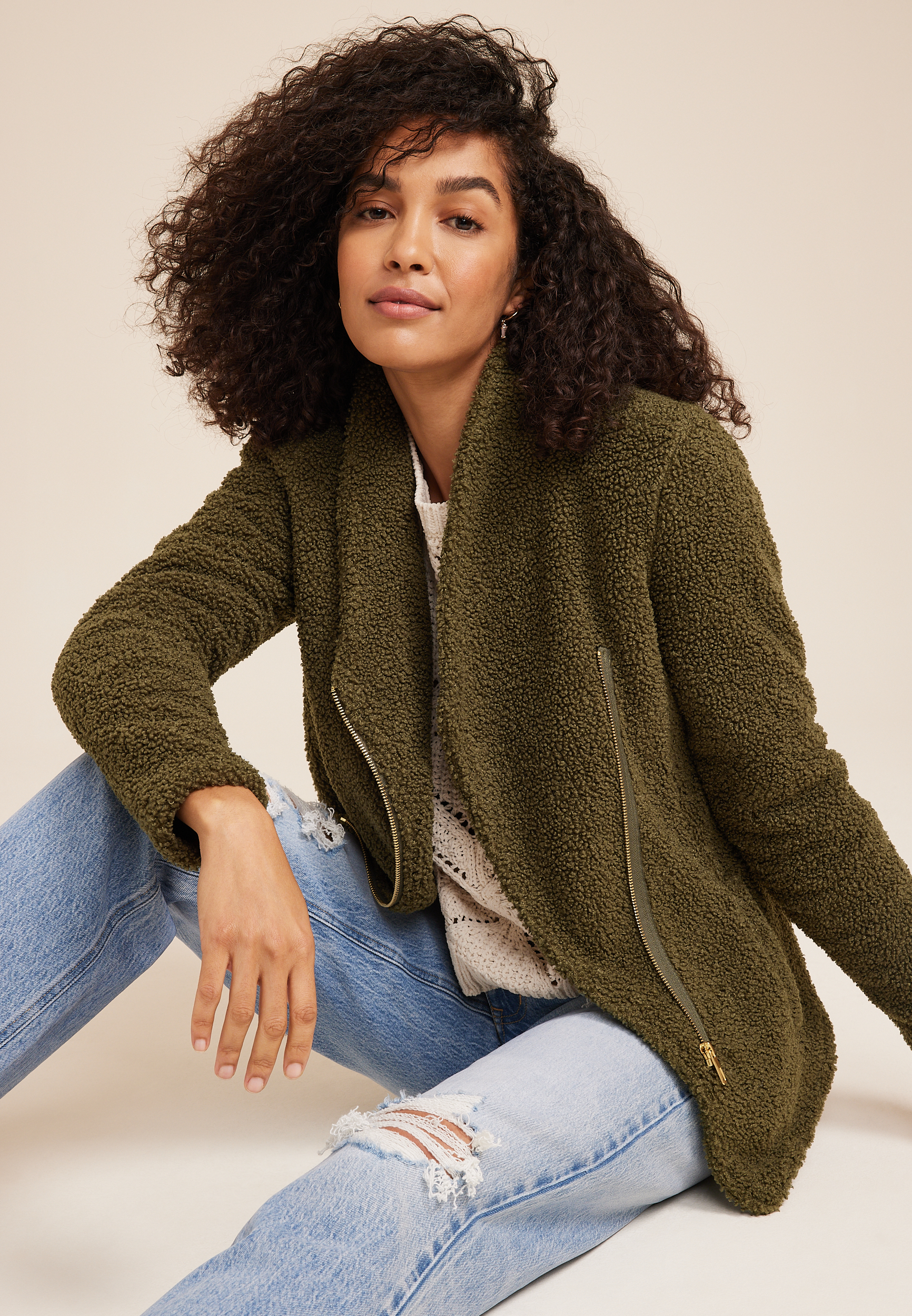 Olive Teddy Sherpa Jacket, C4419, large