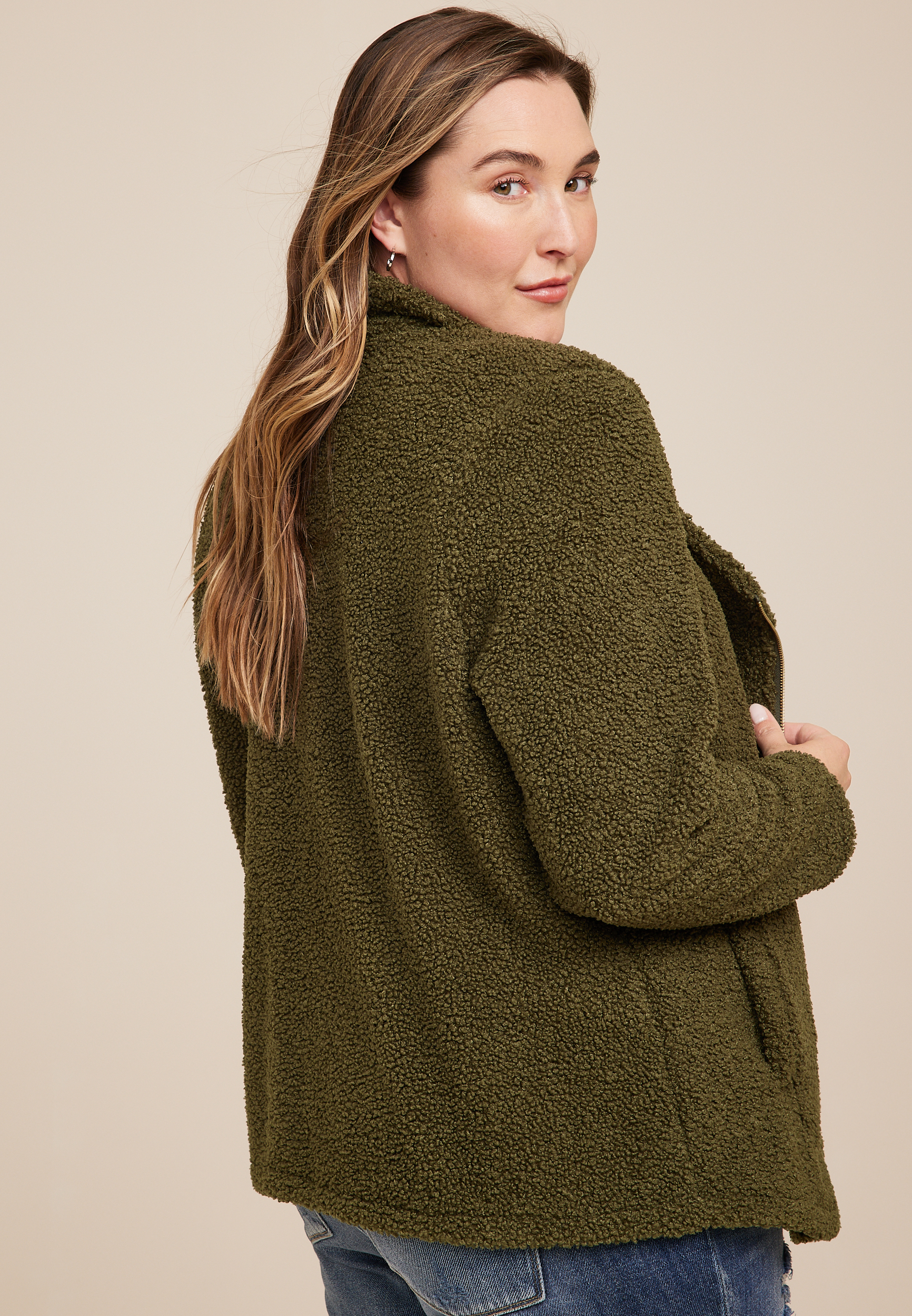 Plus Size Olive Teddy Sherpa Jacket, C4419, large