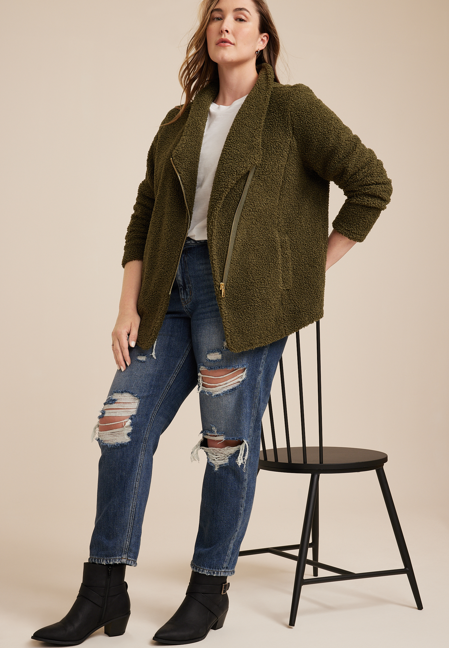 Plus Size Olive Teddy Sherpa Jacket, C4419, large