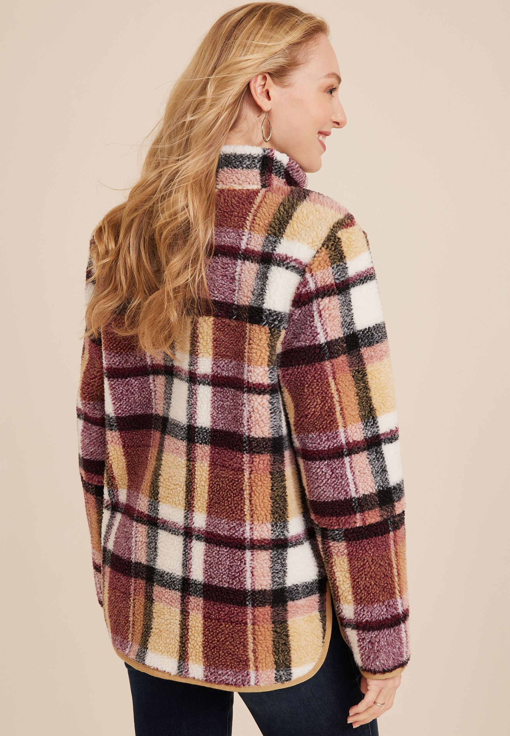 Burgundy Plaid Sherpa Shacket, C1524, large