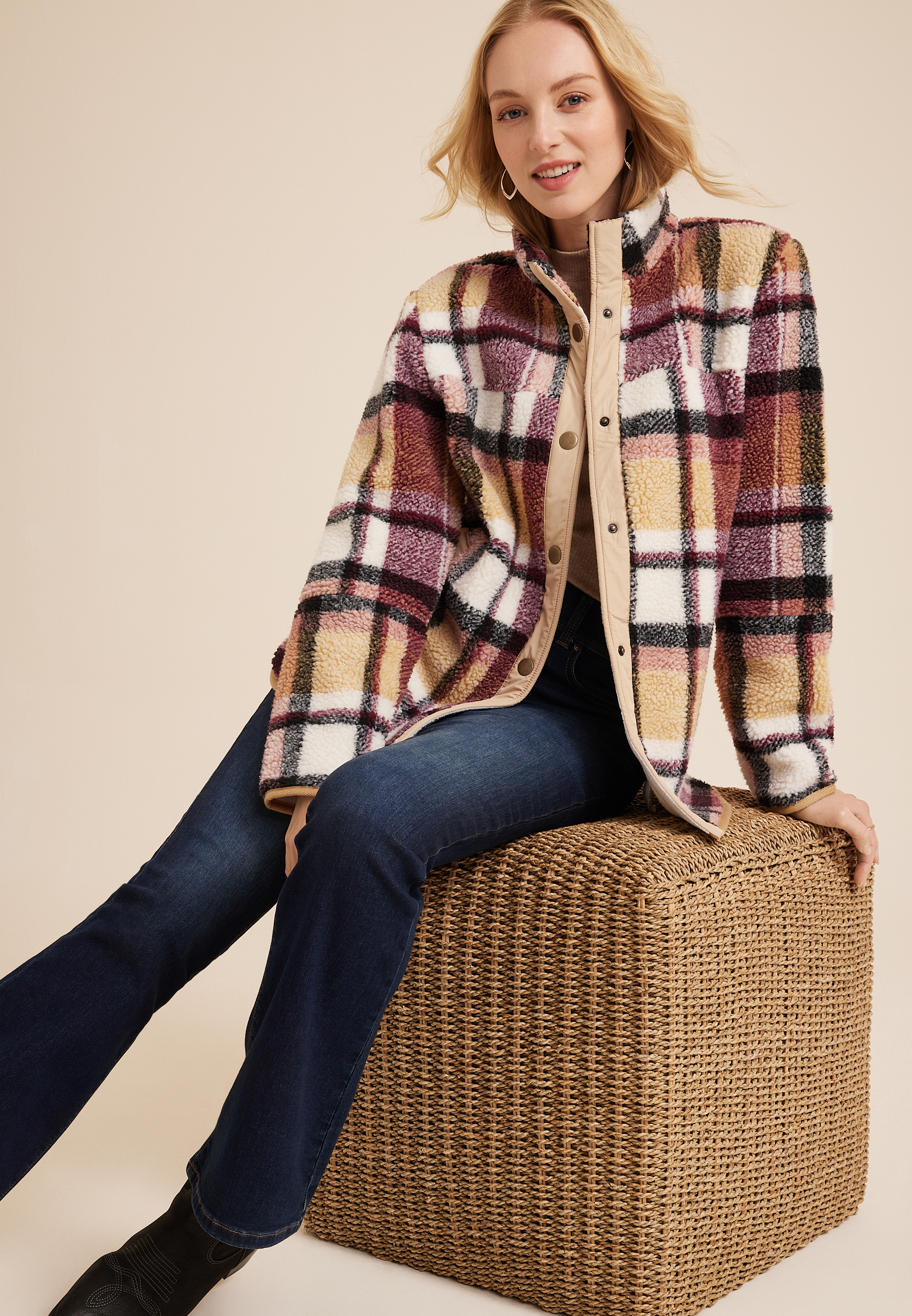 Burgundy Plaid Sherpa Shacket, C1524, large
