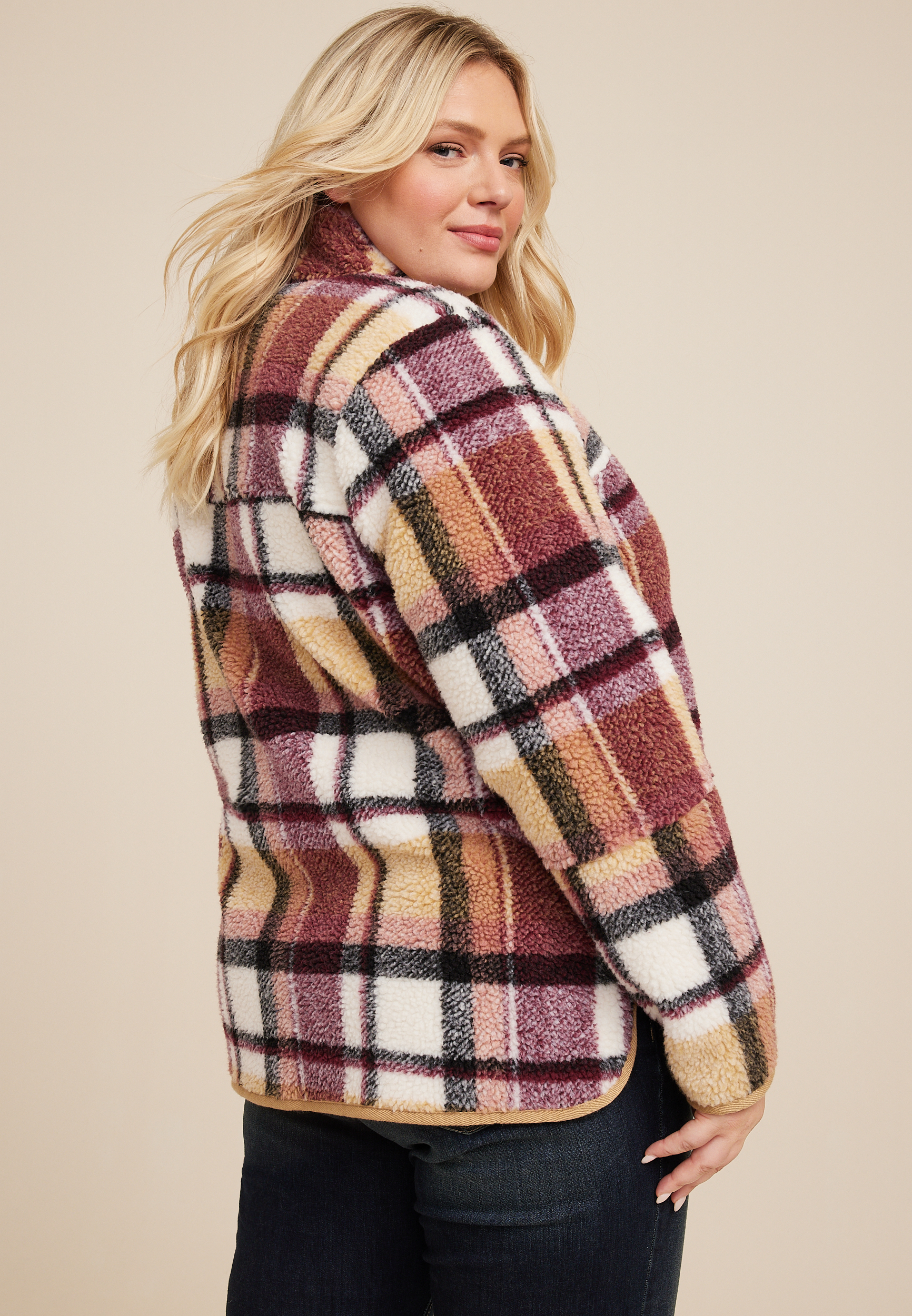 Plus Size Burgundy Plaid Sherpa Shacket, C1524, large