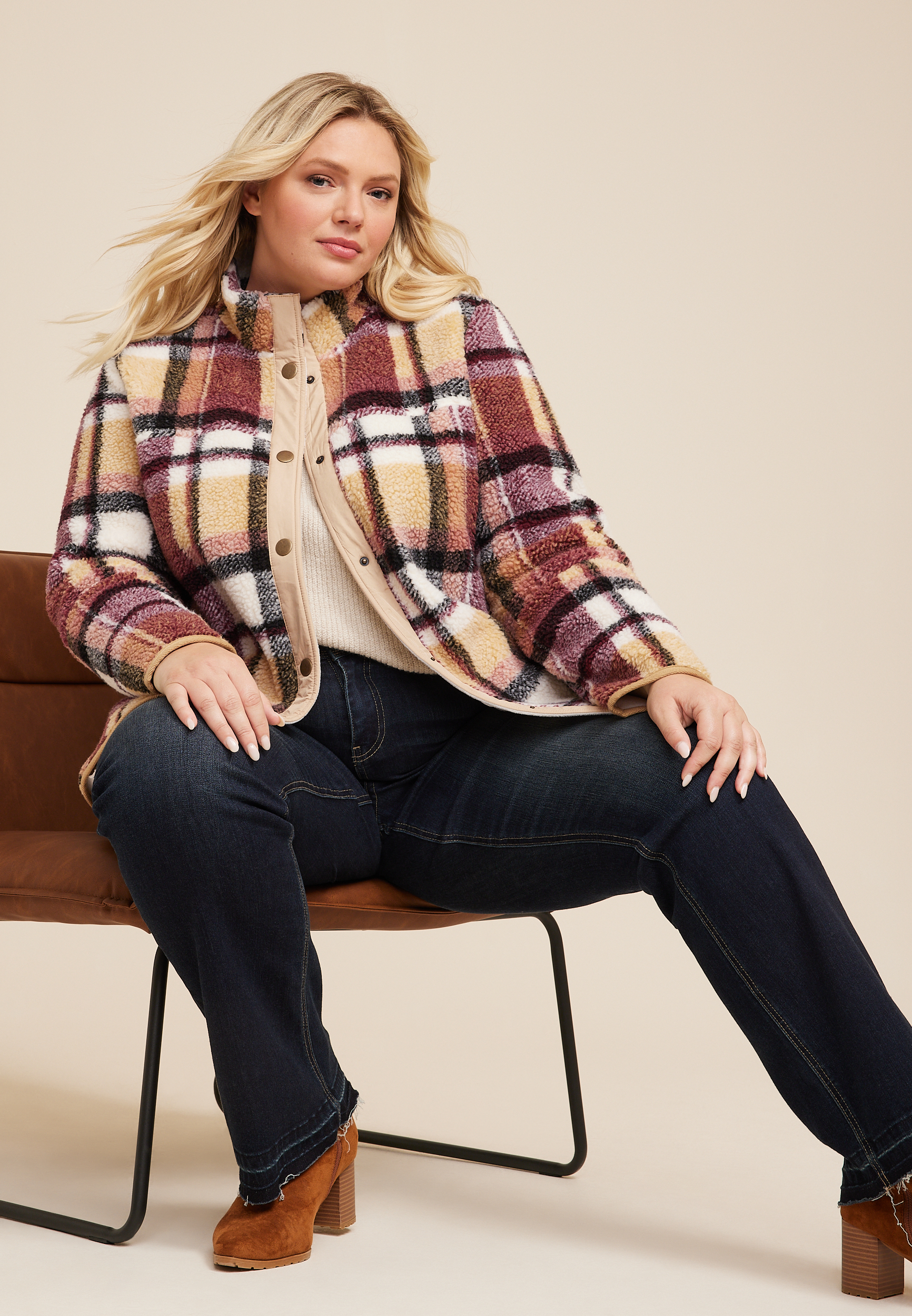 Plus Size Burgundy Plaid Sherpa Shacket, C1524, large