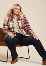 Plus Size Burgundy Plaid Sherpa Shacket, C1524, small