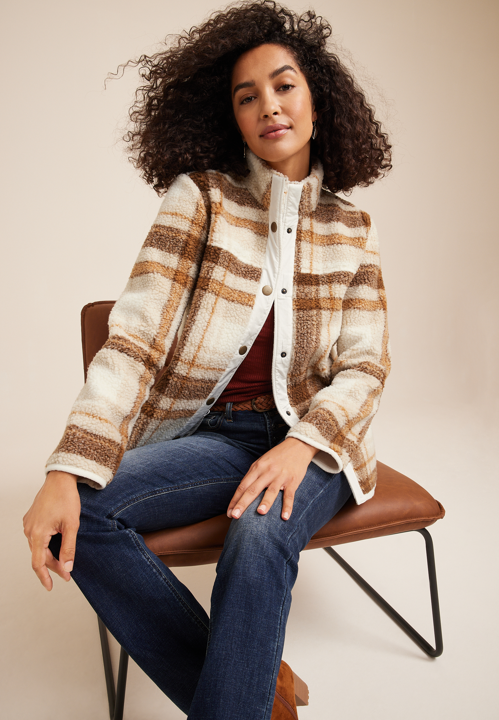 Brown Arabella Plaid Sherpa Shacket, C5883, large